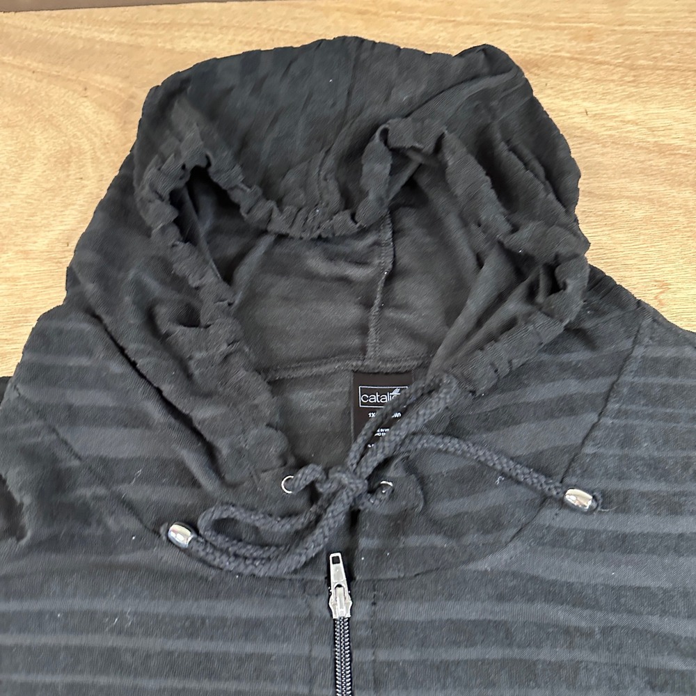 Catalina Hooded Vest Women's 1X Black Ribbed Zip Front Sleeveless Lightweight - Picture 2 of 10